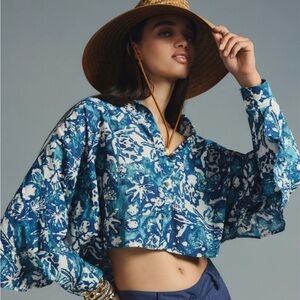 Pilcro Cropped Batwing Blouse XXS Oversized Ruffle Batik Button Front Blue
